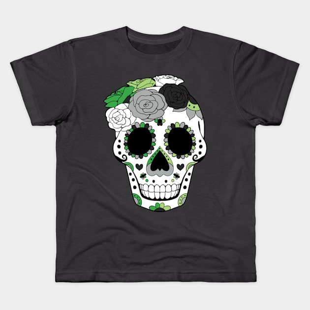 Aromantic Pride Sugarskull Dia De Los Muertos Kids T-Shirt by celestinaart